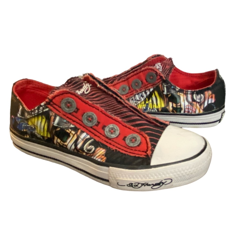 Don Ed Hardy Design Boys Size 1 Canvas Laceless Art to Wear Unique Shoes.Sz-1